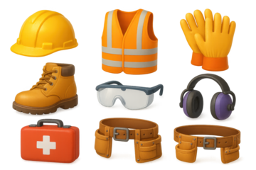 Essential construction safety gear: helmet, vest, boots, gloves, goggles, ear protection