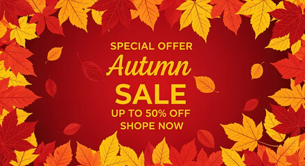 Autumn sale special offer with falling leaves and discount message