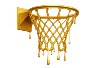Golden basketball hoop melting liquid gold, transparent background