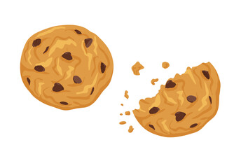 Chocolate chip cookies with crumbs isolated on white background. Vector hand drawn cartoon illustration for packaging design, menu, invitations, stickers, print