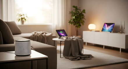 stylish interior design featuring smart devices and minimal furniture