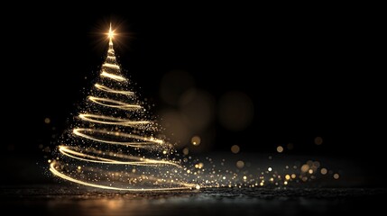 Golden glowing christmas tree on black background
