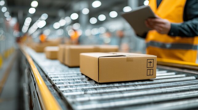 Parcel boxes on conveyor belt in logistics warehouse