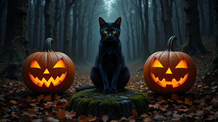 Mystical Black Cat with Orange Eyes Sitting Between Two Glowing Jack-O'-Lanterns in a Dark, Foggy Halloween Forest for Spooky Event Poster and October Background