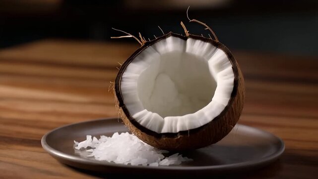 Delicious bright coconut lies on beautiful colorful plate on background