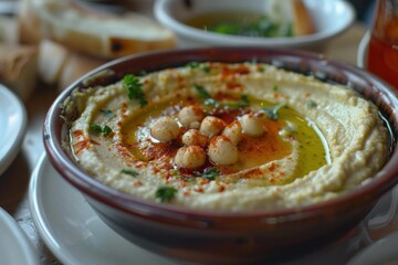 Creamy hummus topped with chickpeas, paprika, olive oil, and fresh parsley, served in a rustic bowl, representing a healthy and flavorful middle eastern or mediterranean appetizer