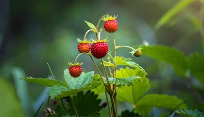 A close-up of wild, vibrant red berries with green leaves growing. The image is softly blurred with natural lighting in a garden