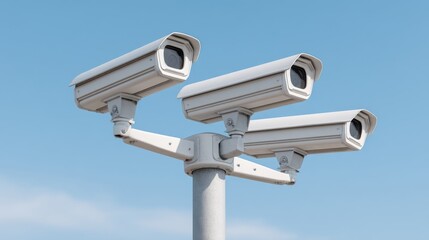 Surveillance Cameras Stationed on a Pole Against a Clear Blue Sky for Security and Monitoring Purposes in Urban Environments