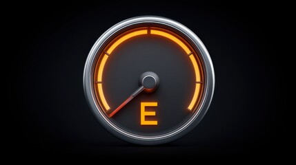 Empty fuel gauge indicator with orange needle pointing to 'E' against a dark background to signify a low fuel warning for vehicles and transportation scenarios