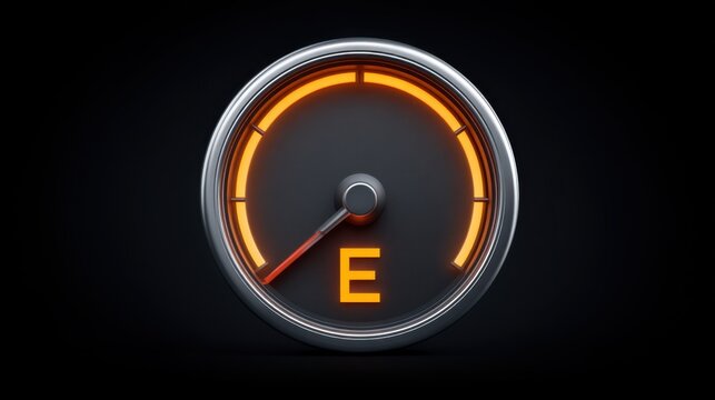 Empty fuel gauge indicator with orange needle pointing to 'E' against a dark background to signify a low fuel warning for vehicles and transportation scenarios