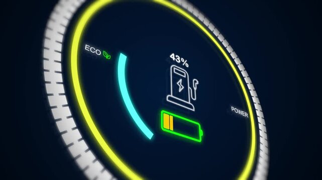 EV charging gauge front view dashboard display technology fast and quick charg high voltage system battery range display.
