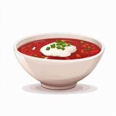 Borscht, a vibrant beet soup, served with a dollop of sour cream and fresh herbs in a white bowl
