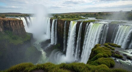 Majestic waterfalls cascade over cliffs, creating mist below, with green foliage above