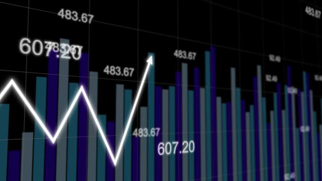 Futuristic stock market graph line move number price volatility chart tickers changing analysis.