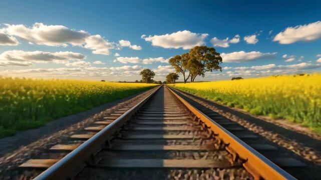 Train tracks cut through vibrant yellow flower field under blue sky with scattered white clouds Trees dot the distant horizon with golden sunlight creating long shadows on the sleepers