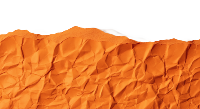 Ripped edge of bright orange crumpled paper, isolated textured scrap for collage in autumn colors on transparent background.