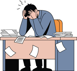 Vector art of man stressed at desk with piles of paper