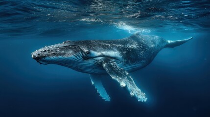 A majestic humpback whale gracefully swims through the deep blue ocean, showcasing its powerful presence in nature.