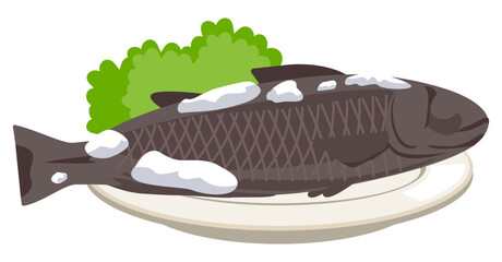 Steamed fish vector illustration on a plate with greens and salt, great for seafood restaurant branding or healthy menu designs.