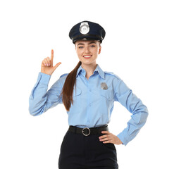 Young policewoman in uniform posing on white background