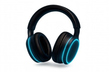 Black gaming headphones with glowing blue neon light lines, representing modern technology and entertainment