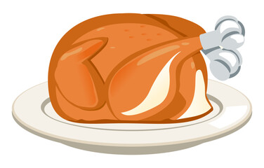 Whole roasted chicken vector illustration on a plate, ideal for restaurant menus, holiday meals, or family dinner designs.