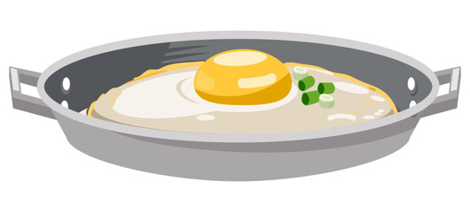 Fried egg vector illustration in a metal pan with garnish, ideal for breakfast themes, cooking icons, or healthy food graphics.