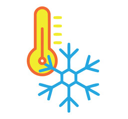 Vector icon symbolizing cold temperature and freezing weather, featuring a thermometer reading low and a stylized snowflake. Ideal for weather apps or climate graphics