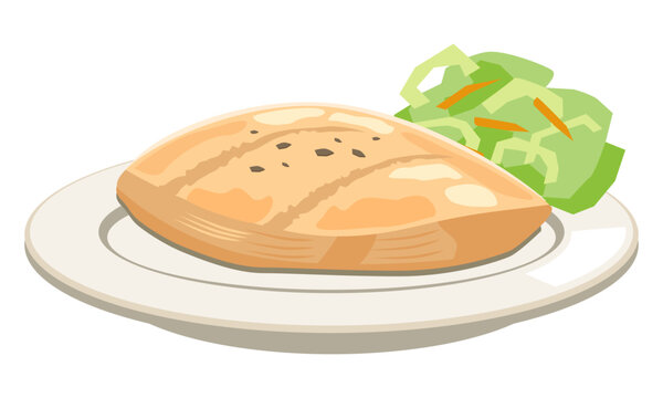 Grilled chicken breast steak vector illustration served with fresh green salad, perfect for healthy food design, restaurant menus, or diet concepts.