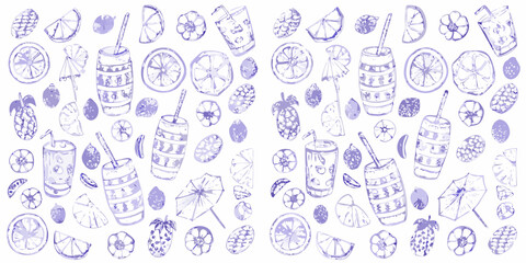 Refreshing summer drinks and fruits pattern with lemons limes and pineapples in purple