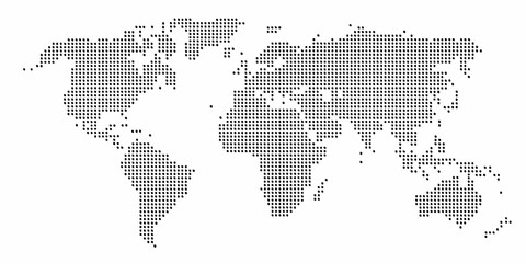 Abstract world map composed of black dots on a white background representing global connection and data © Bijon