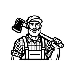 Strong lumberjack with axe on shoulder, ready for work in the forest.