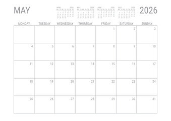 May Calendar 2026 Monthly Planner Printable A4 Monday Start	