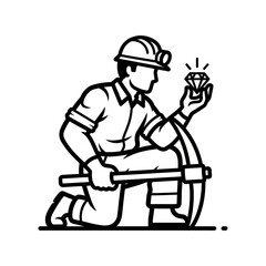 Black and white line art of a kneeling miner holding a sparkling diamond.