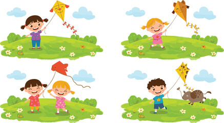 Cartoon children flying animal-shaped kites in grassy park with flowers, clouds, and blue sky in joyful outdoor playtime scene