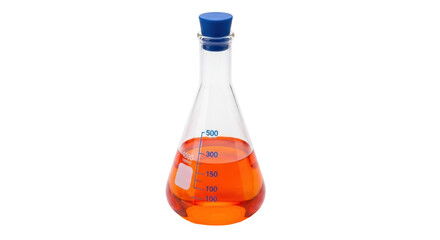 Isolated Erlenmeyer flask with orange liquid. Laboratory chemistry conical flask, equipment