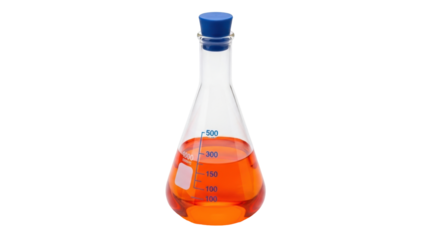 Isolated Erlenmeyer flask with orange liquid. Laboratory chemistry conical flask, equipment
