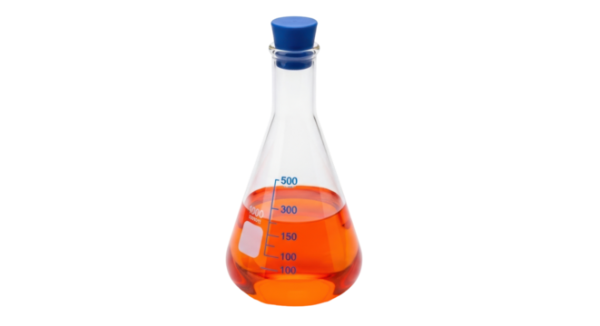 Isolated Erlenmeyer flask with orange liquid. Laboratory chemistry conical flask, equipment