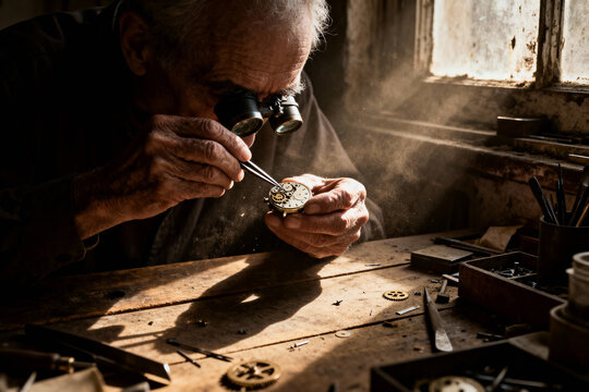 A senior watchmaker meticulously repairs a delicate timepiece with a loupe and tweezers in his dusty, sunlit workshop. A scene of tradition and precision.