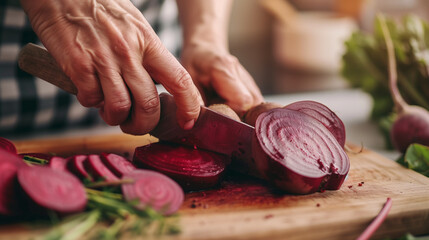 A close-up of hands chopping fresh beets on a wooden cutting board.
