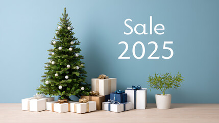 Winter holiday sale scene with decorated Christmas tree, gift boxes, and "Sale 2025" text, festive and clean composition.