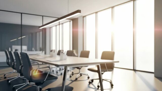 blurred modern meeting room featuring long conference table surrounded by executive chairs Bright sunlight streams through tall windows creating strong shadows and lens flare Linear lighting hangs abo