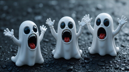 Obraz premium Close-up of Three Cute Miniature Ghosts Screaming with Hands Up in Fright or Excitement on a Dark and Spooky Background for Halloween Party Invitation and Fun Design