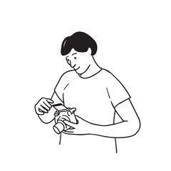 Illustration of a man checking a photo from a Polaroid camera — travel and photography vector