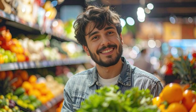 Smiling young man shopping for fresh vegetables grocery store portrait urban environment upbeat mood healthy living