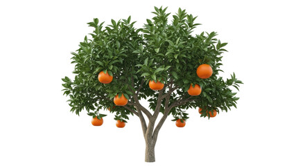 Isolated orange tree with ripe oranges, full leaves, brown trunk, and multiple fruits hanging