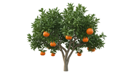 Isolated orange tree with ripe oranges, full leaves, brown trunk, and multiple fruits hanging