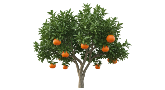 Isolated orange tree with ripe oranges, full leaves, brown trunk, and multiple fruits hanging