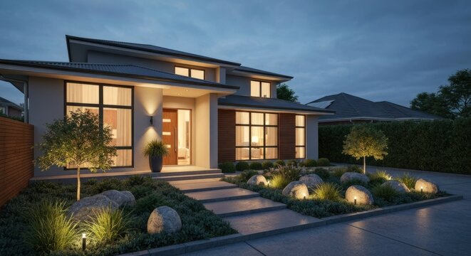 Modern house exterior at dusk with lit landscaping and clean lines