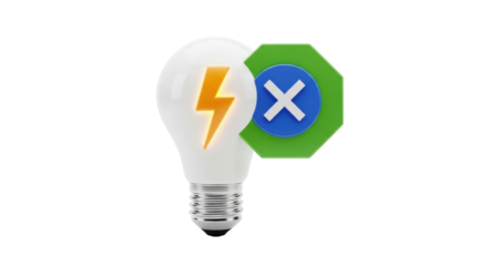 Isolated lightbulb and green and blue sign representing error, failure, or bad idea